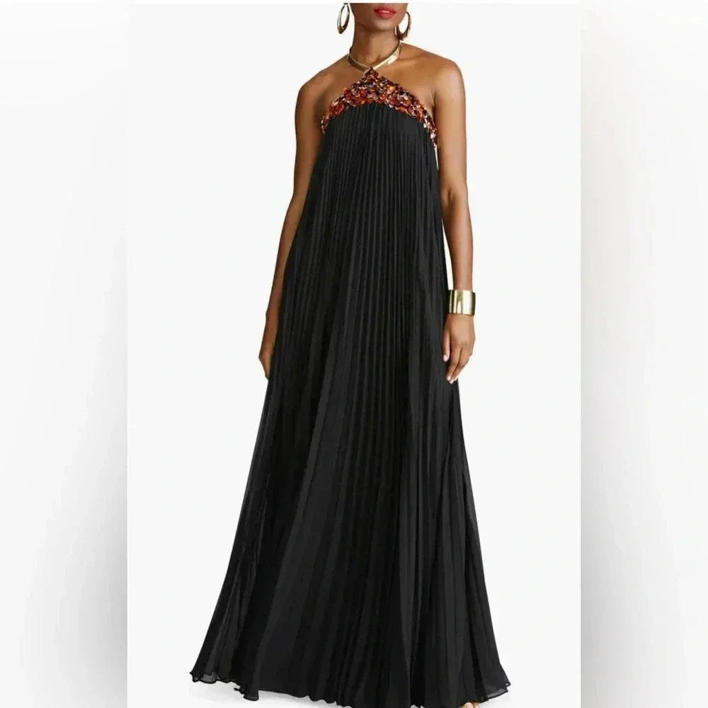 HALSTON Pythia Pleated Chiffon Halter Neck Gown size 8. Retail $745.00